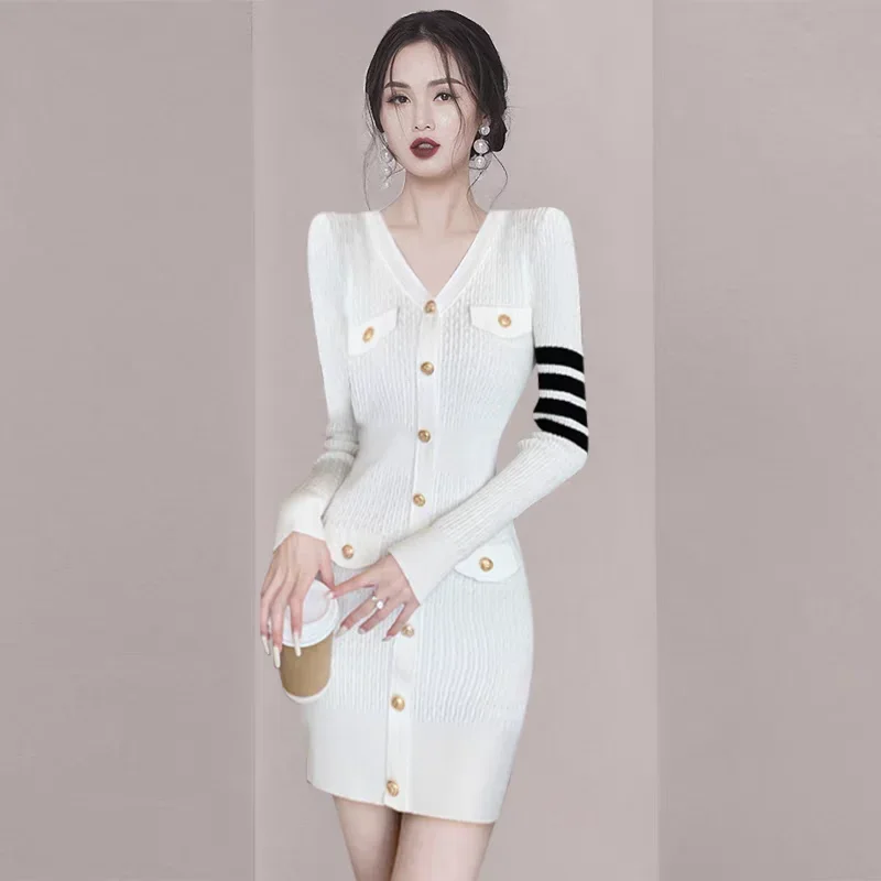 

Autumn Winter Temperament Elegant Slim V-neck Dresses Women Fashion Sexy Commute Knitted Dress