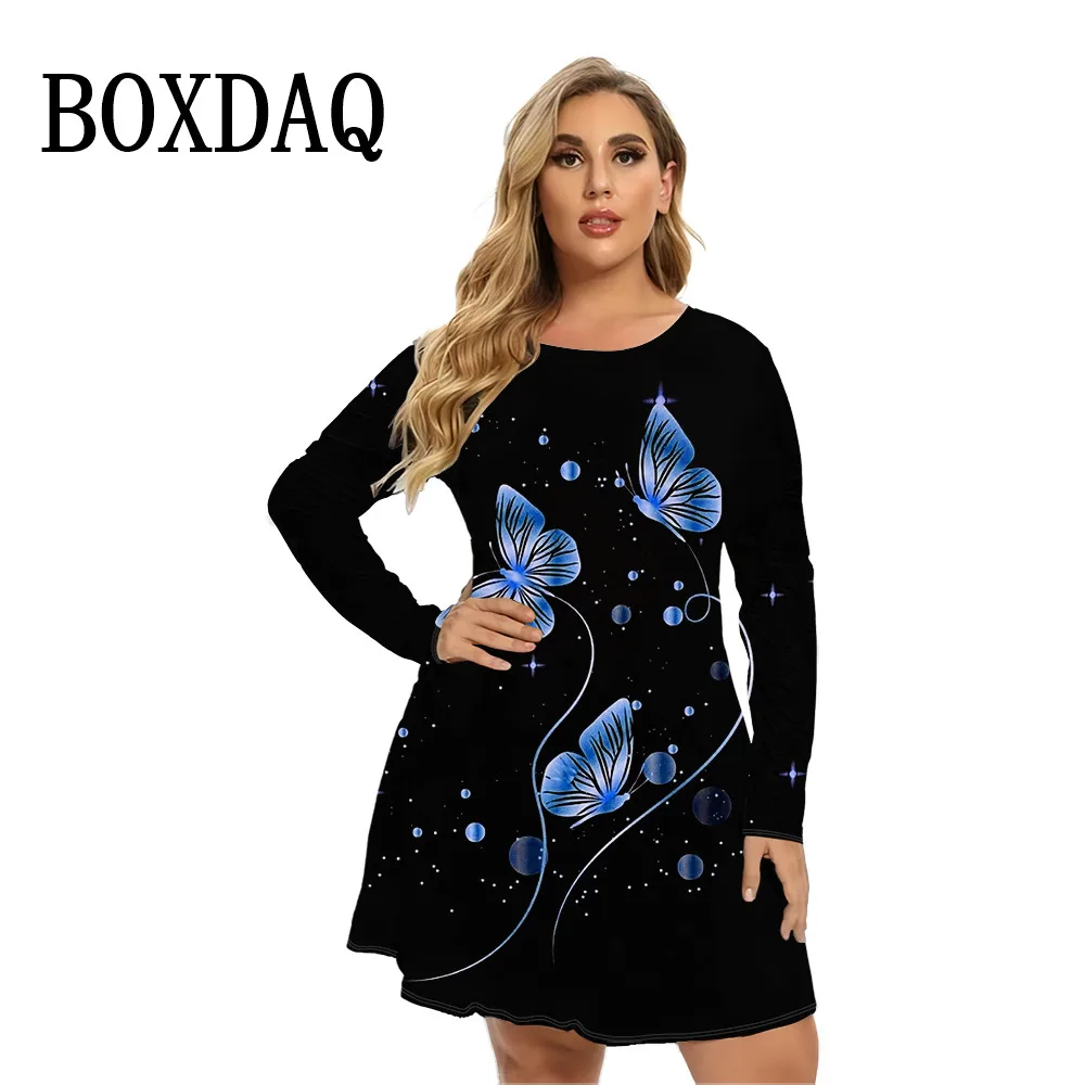 Fashion Butterfly Print Women Dress Autumn Winter Large Sizes Long Sleeve Mini Dress Casual Loose Plus Size Ladies A-Line Dress