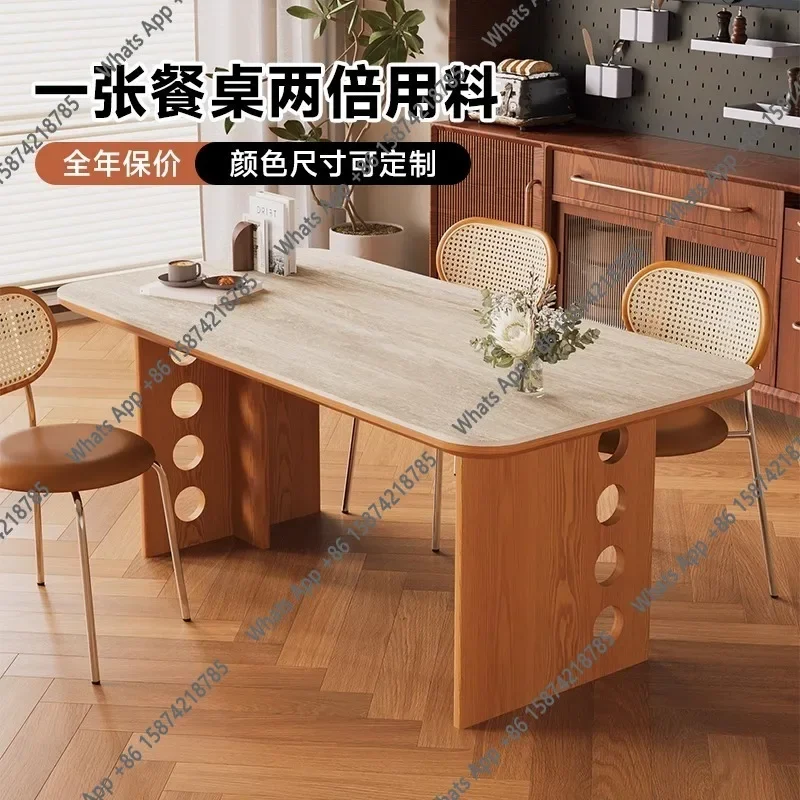 C Medieval Travertine Rock Slab Dining Table Solid Wood Simple Household Small Apartment Dining Table Log Cream Wind Table And C