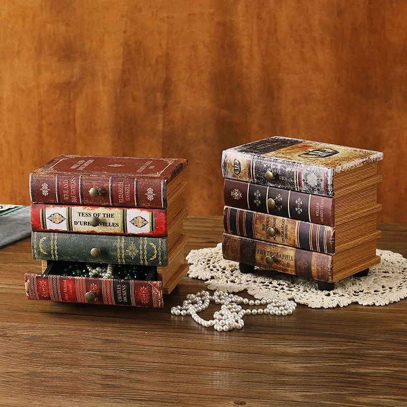 European Style Simulation Book Four Grid Wooden Leather Drawer Cabinet Multifunctional Fake Book Decoration Desktop Storage Box