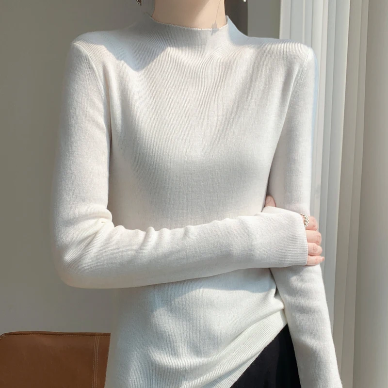 

Half high neckline temperament sweater for women's spring and autumn slim fit knitted sweater long sleeved top