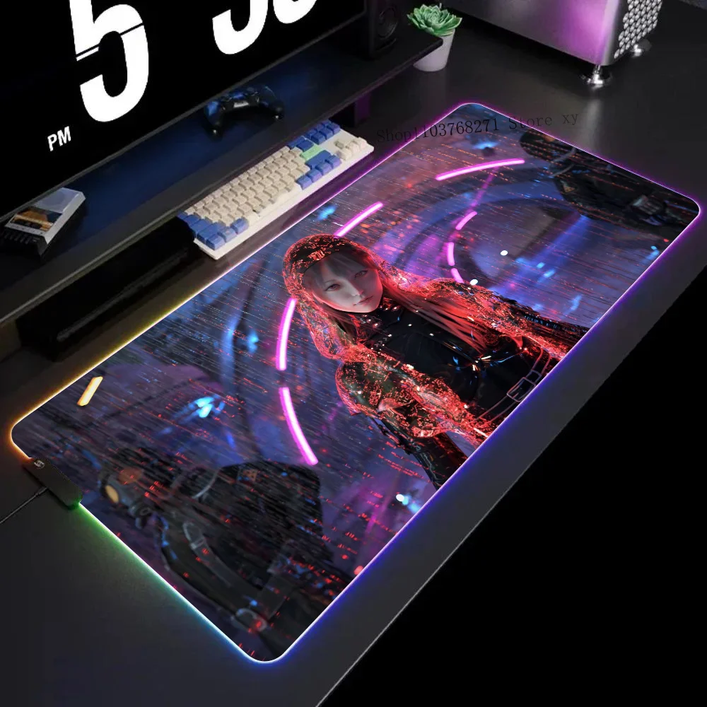 Electric Cyberpunk Girl Mousepad XXL RGB Gaming Mouse Pads HD Black Gamer Accessories Large LED