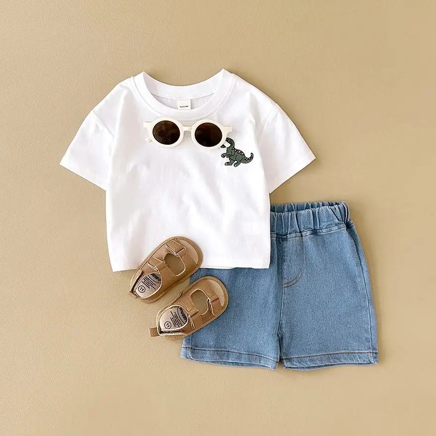 Newborn Baby Boys Clothing 2Pcs Short Sleeved Dinosaur Embroidery T-Shirt+Denim Shorts Casual Kids Children Clothes Set 0-3Y