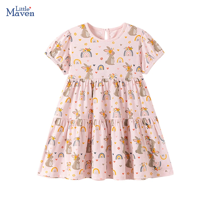 Little maven Children's Clothing Dress for Baby Girls 2026 Summer New Kids Clothes Cartoon Rabbits Princess Casual Dresses