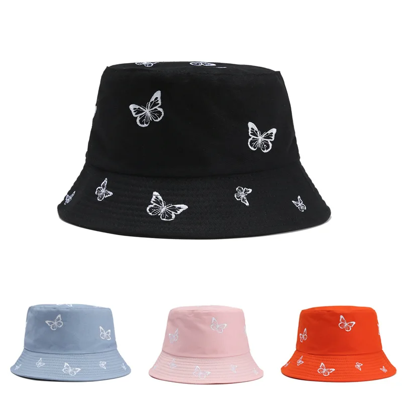 New Fashion Ladies Butterfly Embroidery Fisherman Hat Panama Double-sided Bucket Hat Casual Sunscreen Bob Hat