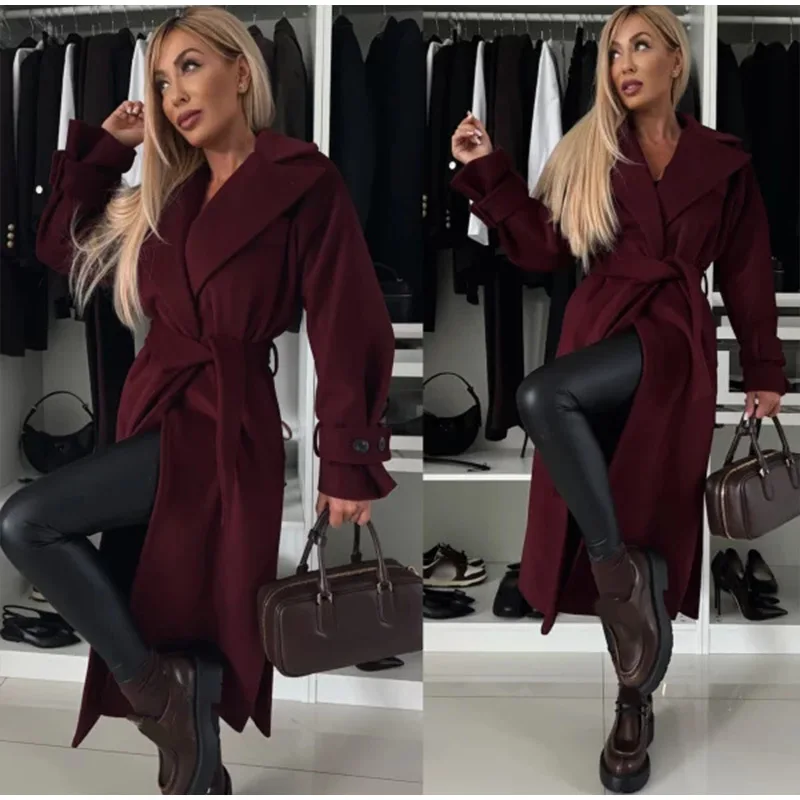 Elegant Burgundy Woolen Overcoat With Belt For Women Long Sleeve Lapel Loose Long Trench 2024 Autumn High Street New Lady Coats