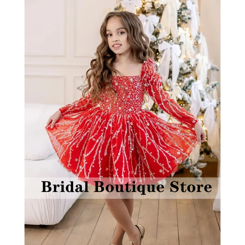 

Red Toddler Christmas Dress Long Sleeves Sparkly Sequins Flower for Wedding Short Pageant Ball Gowns for Kids Customized