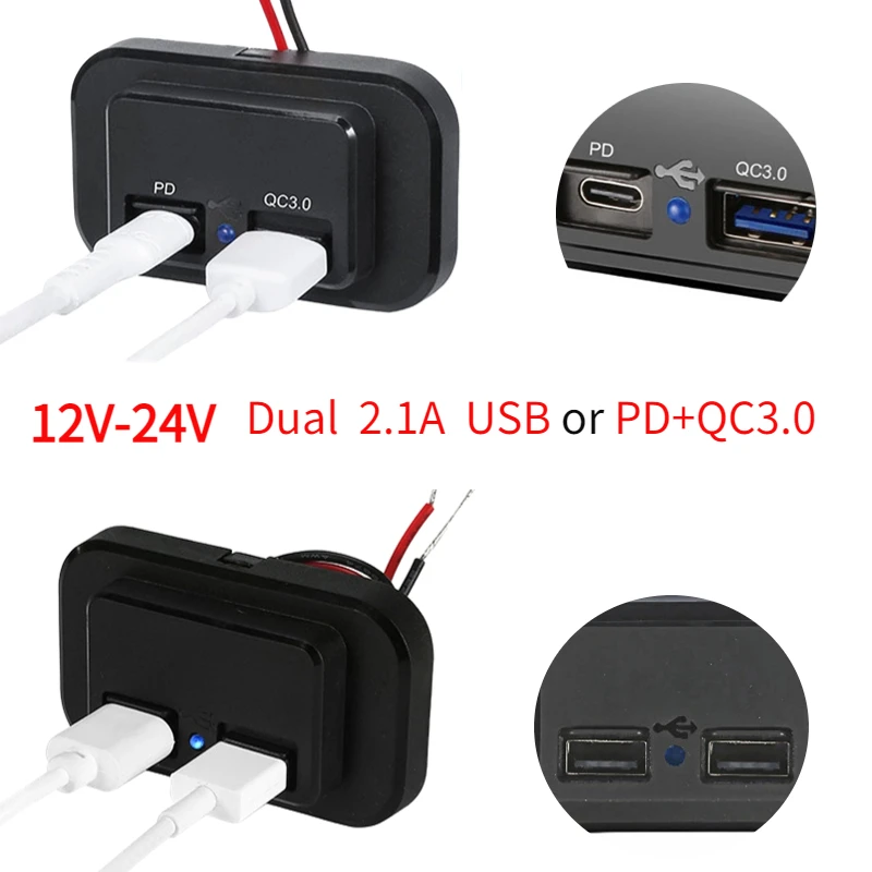 3.0 PD Dual Port USB Car Charger Fast Charging Socket Adapter Power 12V Waterproof Outlet Panel For Motorcycle Truck ATV Boat