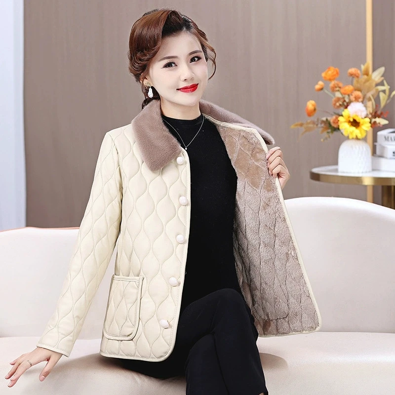 Middle-aged Mothers with Velvet Warm Cotton-padded Jacket Women Fashion Ladies Imitation Leather Coat Winter Plush Cotton Jacket