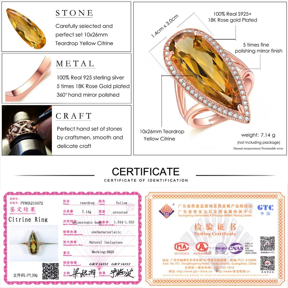LAMOON Luxury Natural TearDrop Citrine Gemstone Ring For Women Cocktail Ring 925 Sterling Silver Rose Gold Vwemeil Fine Jewelry