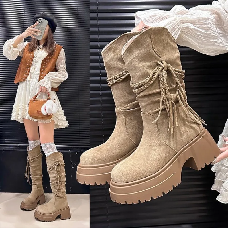 

Spring and Autumn New Retro Fashion Style Fashion Boots Thick Heel Long Tube Slim Look Stacked Middle Tube Boots Plus Size 41 42