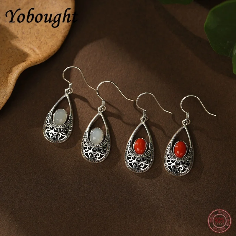 925 Thai Silver South Red Agate Hotan Jade Water Drop Tang Grass Pattern Hollow out Earrings Female Chinese Style