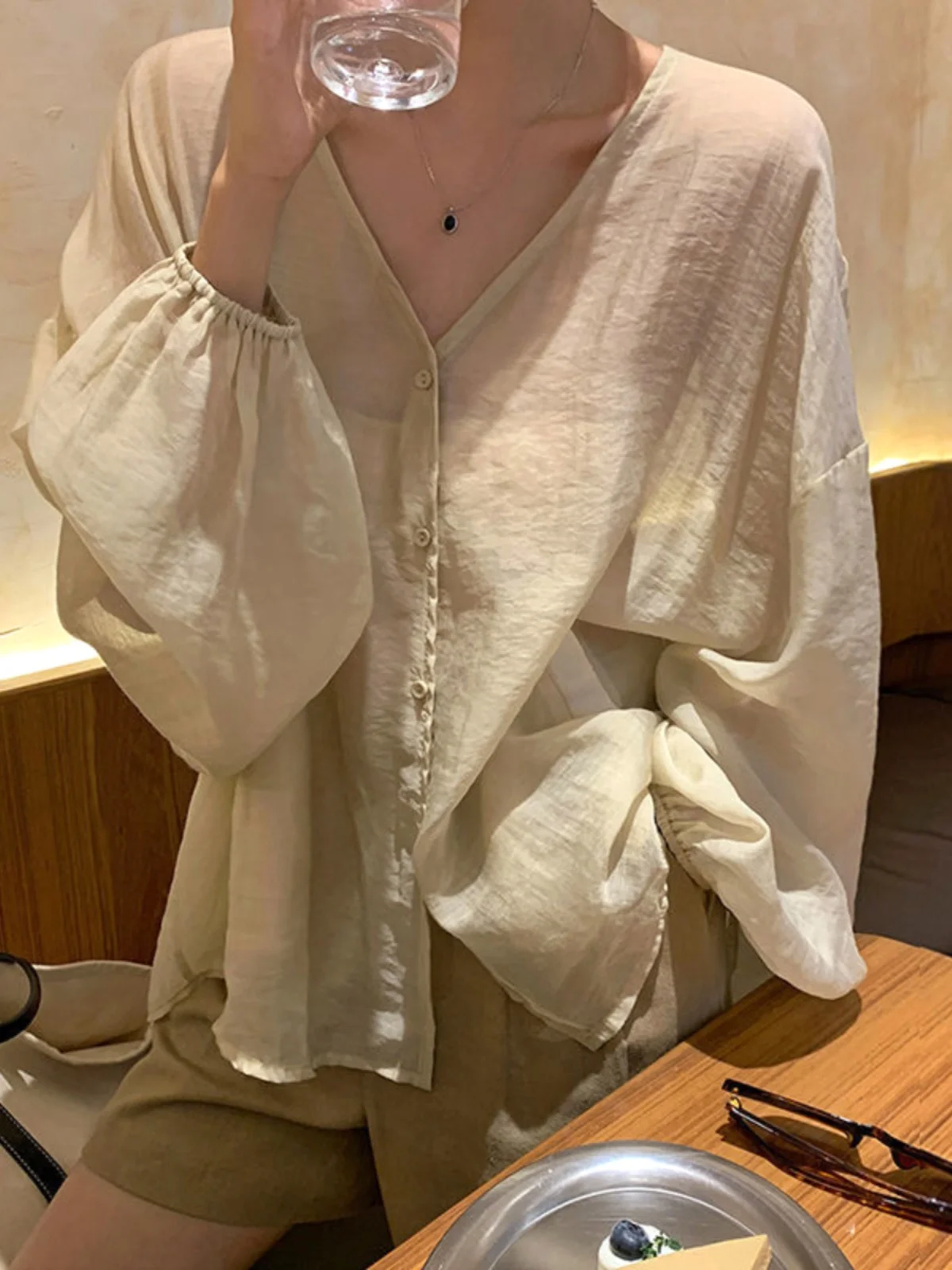 قميص نسائي فضفاض بأكمام طويلة على الطراز الصيني الجديد، رقبة على شكل حرف v، أكمام واسعة، حماية من الشمس، نمط عصري للتنقل #5