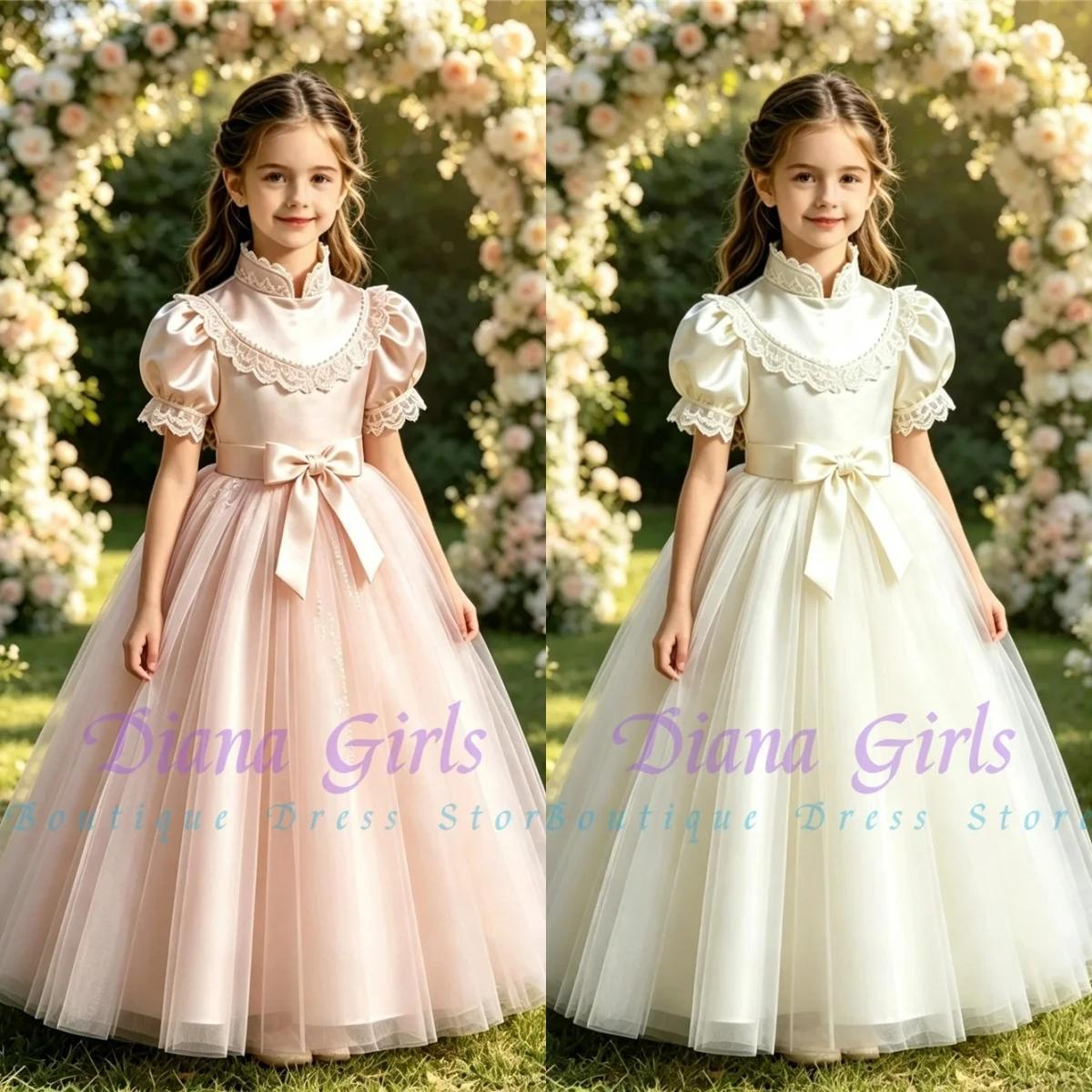 Quality Baptism Satin With Tulle Lace A-Line Flower Girl Dress for Wedding Ball Kids Birthday Party First Communion Gowns