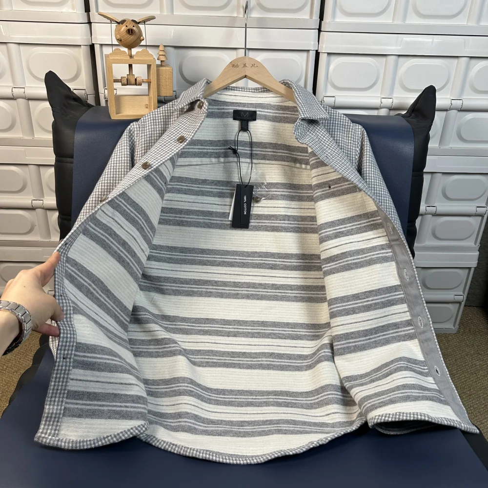 Heavyweight Cotton Washed Flannel Shirt Style Jacket for Men Breathable Autumn Winter Plaid Pattern Soft Outerwear Coat