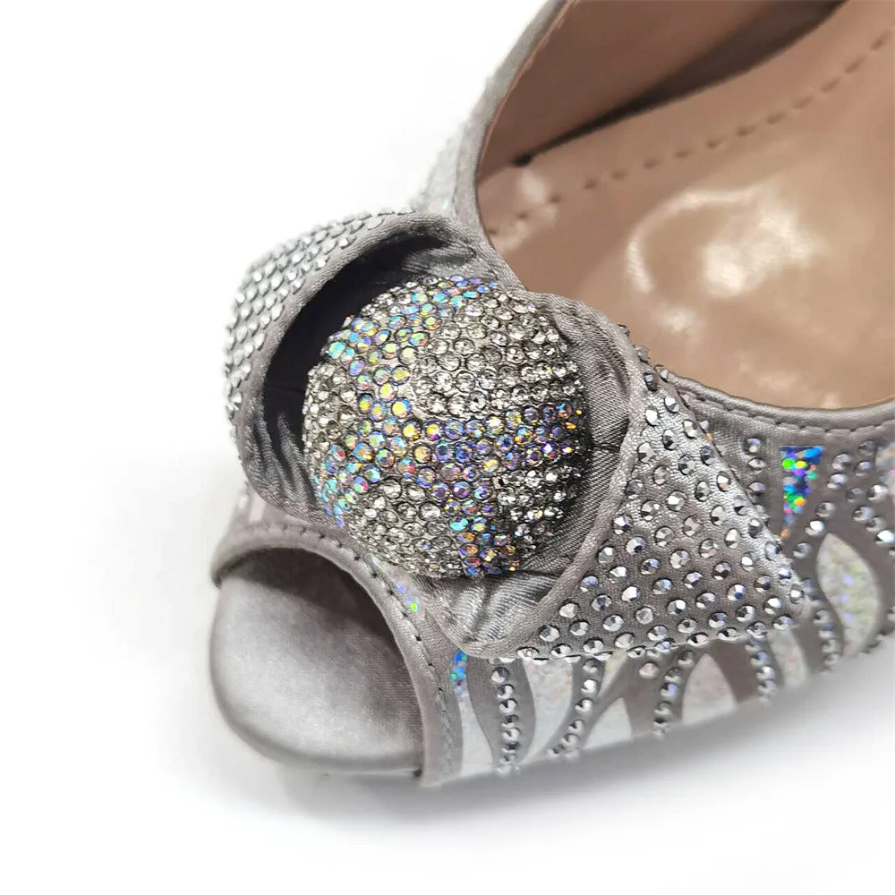 Sandals Silver Color Fish Beaked Toe Cap Decorated with Bling Bling Rhinestones Design Ladies Shoes Matching Bag Set For Party