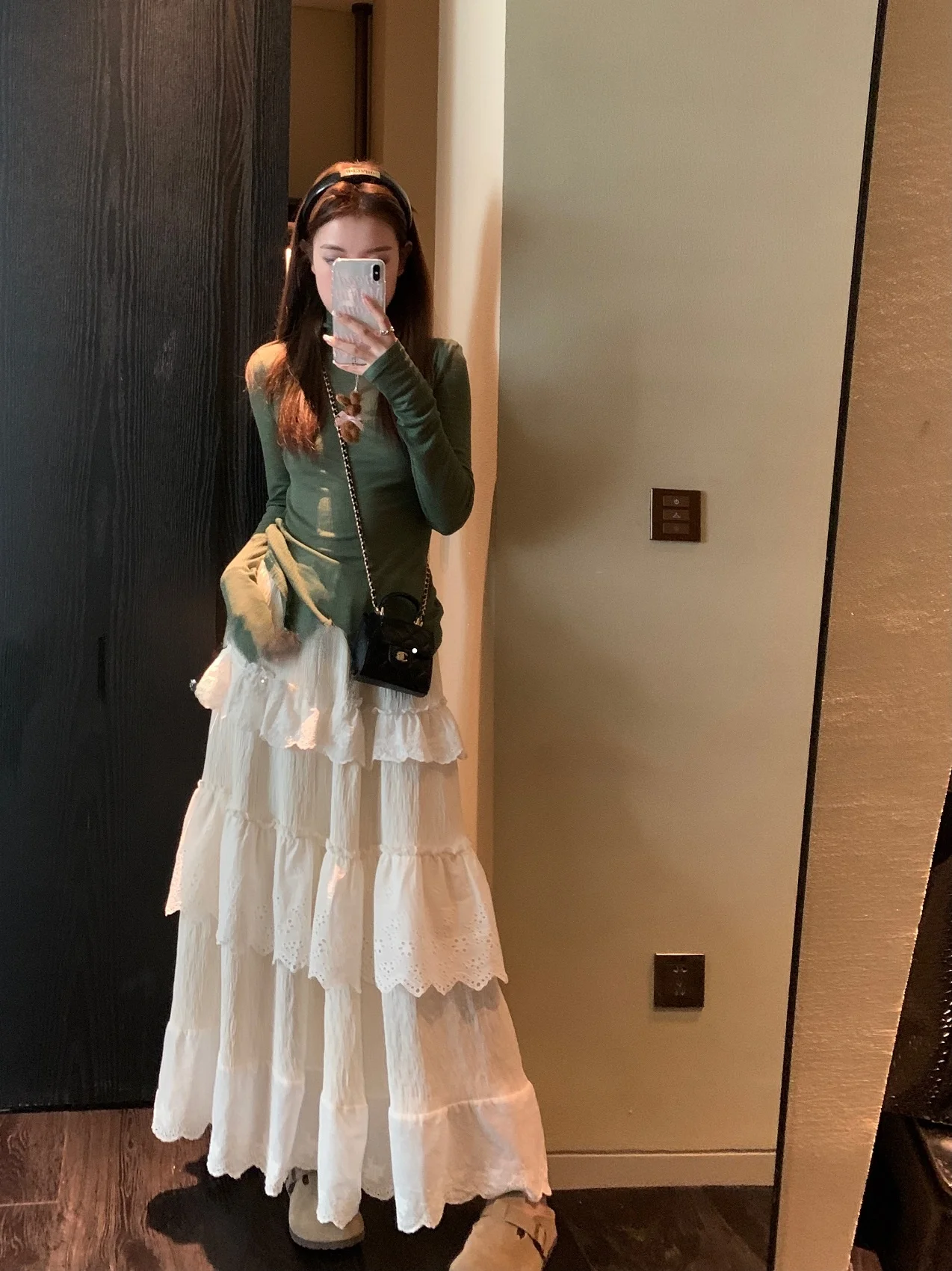 Echoes Creamy Moonlight Lace A-Line Skirt High Waist  Dress Cotton Polyester Blend Pure Color Ladies Fashion Winter 2023