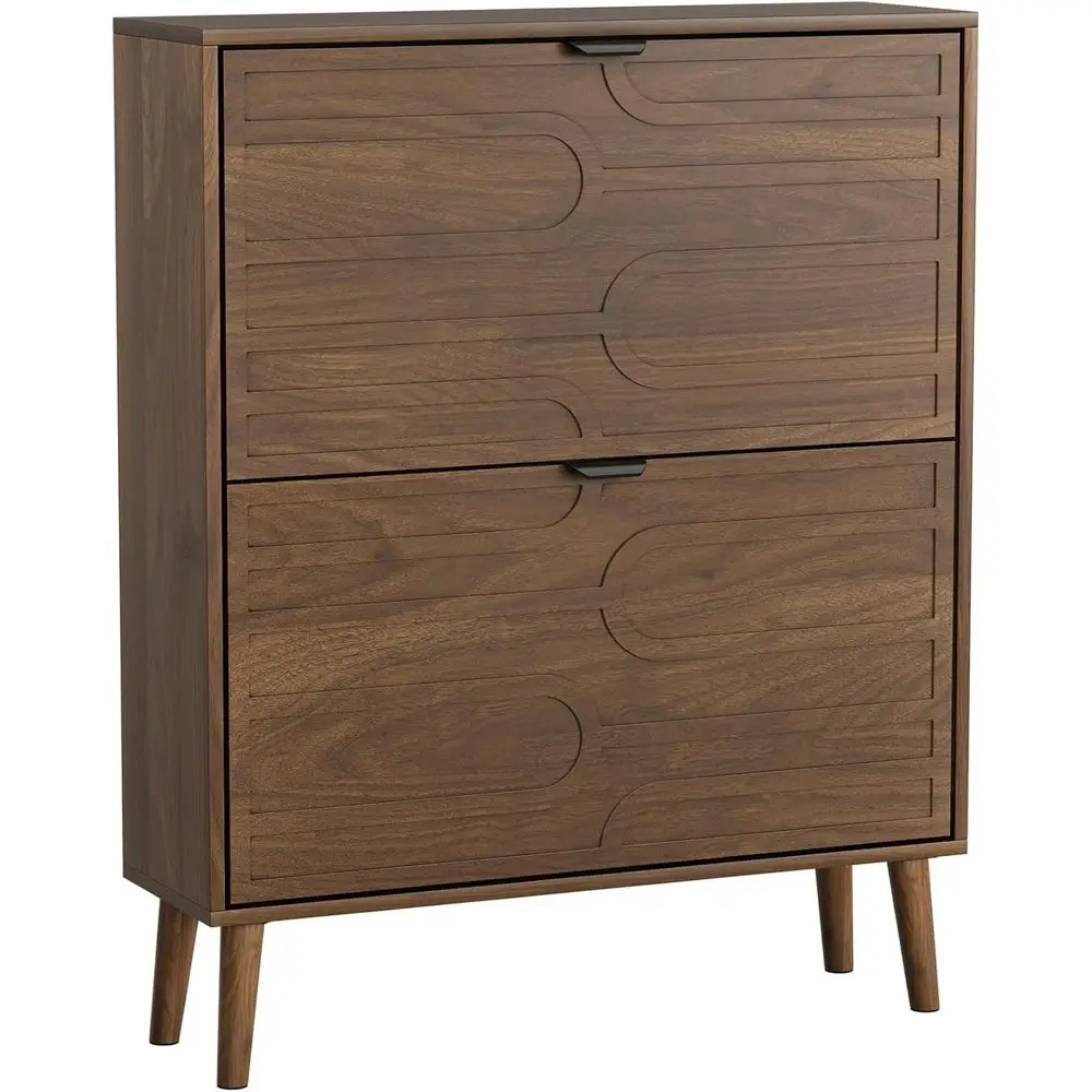 Zapatero independiente de nogal con 2 cajones y panel estriado para almacenamiento en entrada