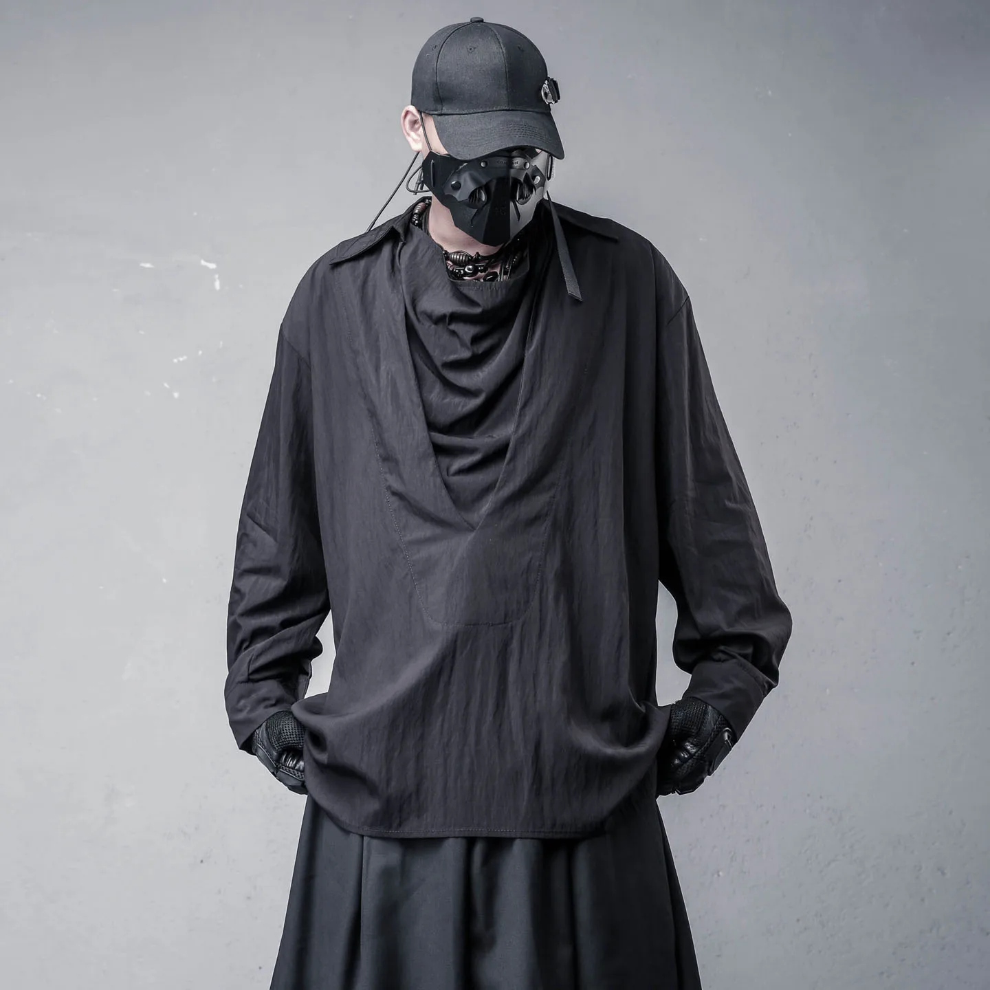 Dark Style Pile Collar Fake Two-Piece Design Long Sleeve Shirt Thin Autumn Cool Handsome High Street Men and Women