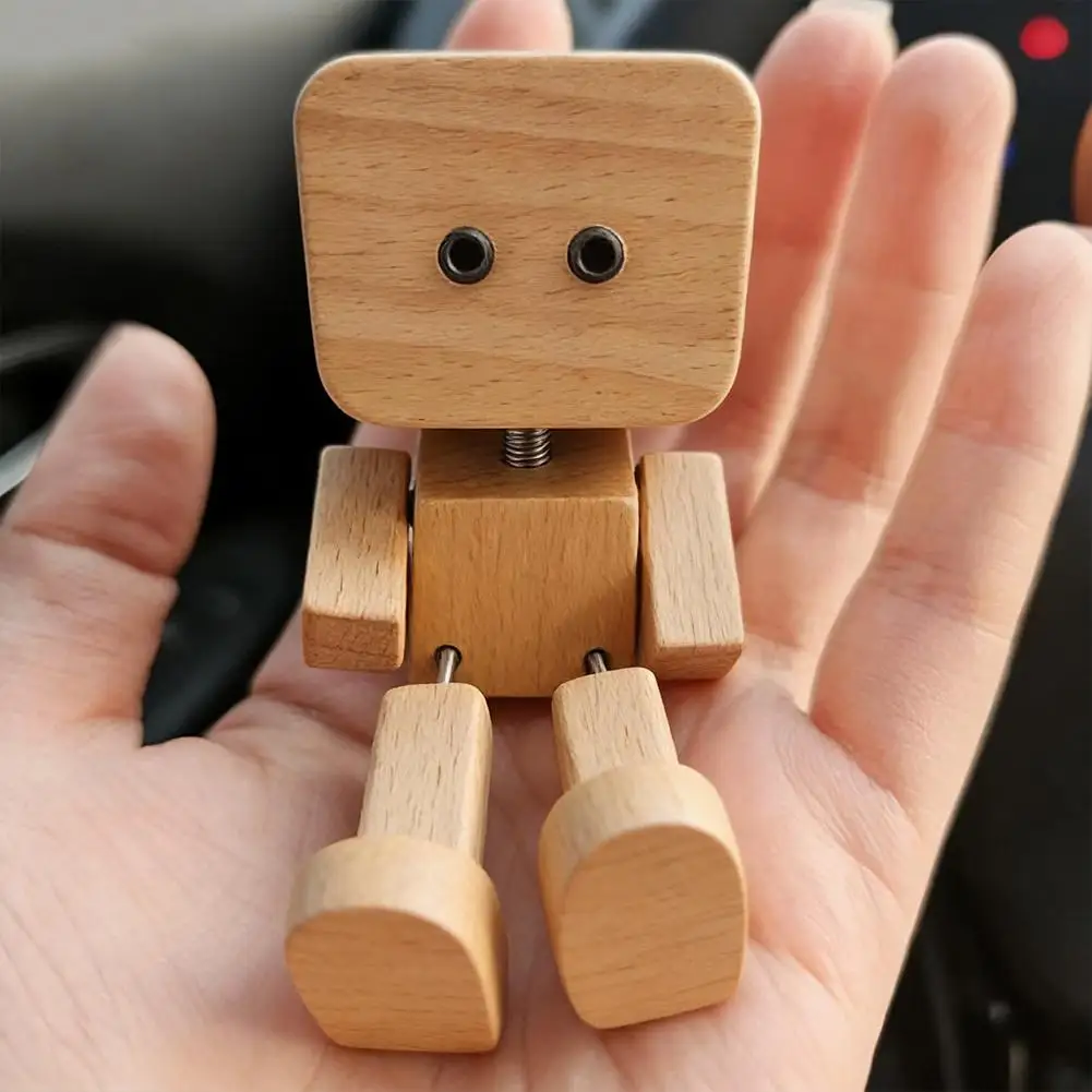 Creative Wooden Robot Toy Flexible Spring Legs Magnetic Changeable Expression Desktop Poseable Doll Stress Relief Decor