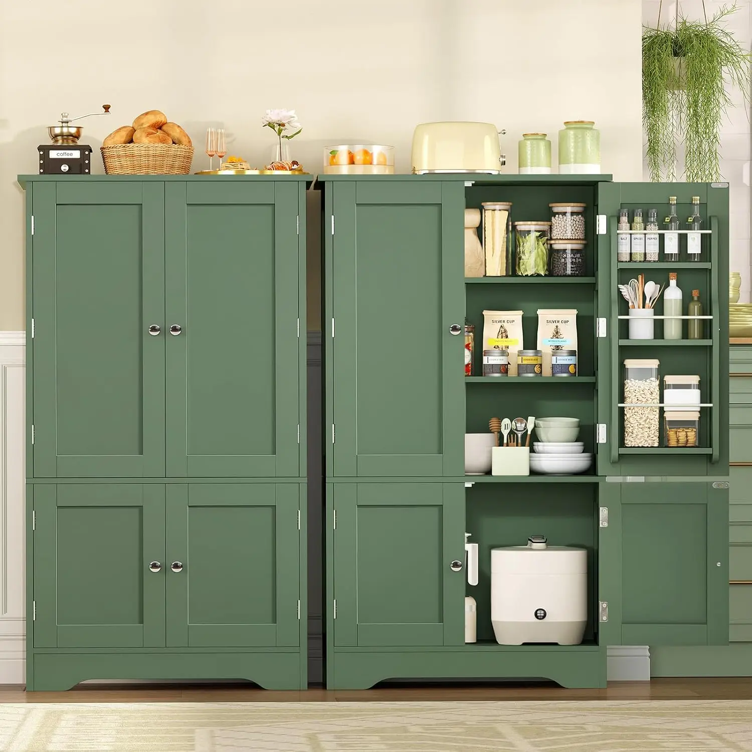 43" H Storage Cabinet with 4 Doors, Kitchen Cabinet with 6 Door Shelves, Kitchen Pantry Cabinets for Living Room, Dining Room, Bathroom, Forest Green view 5
