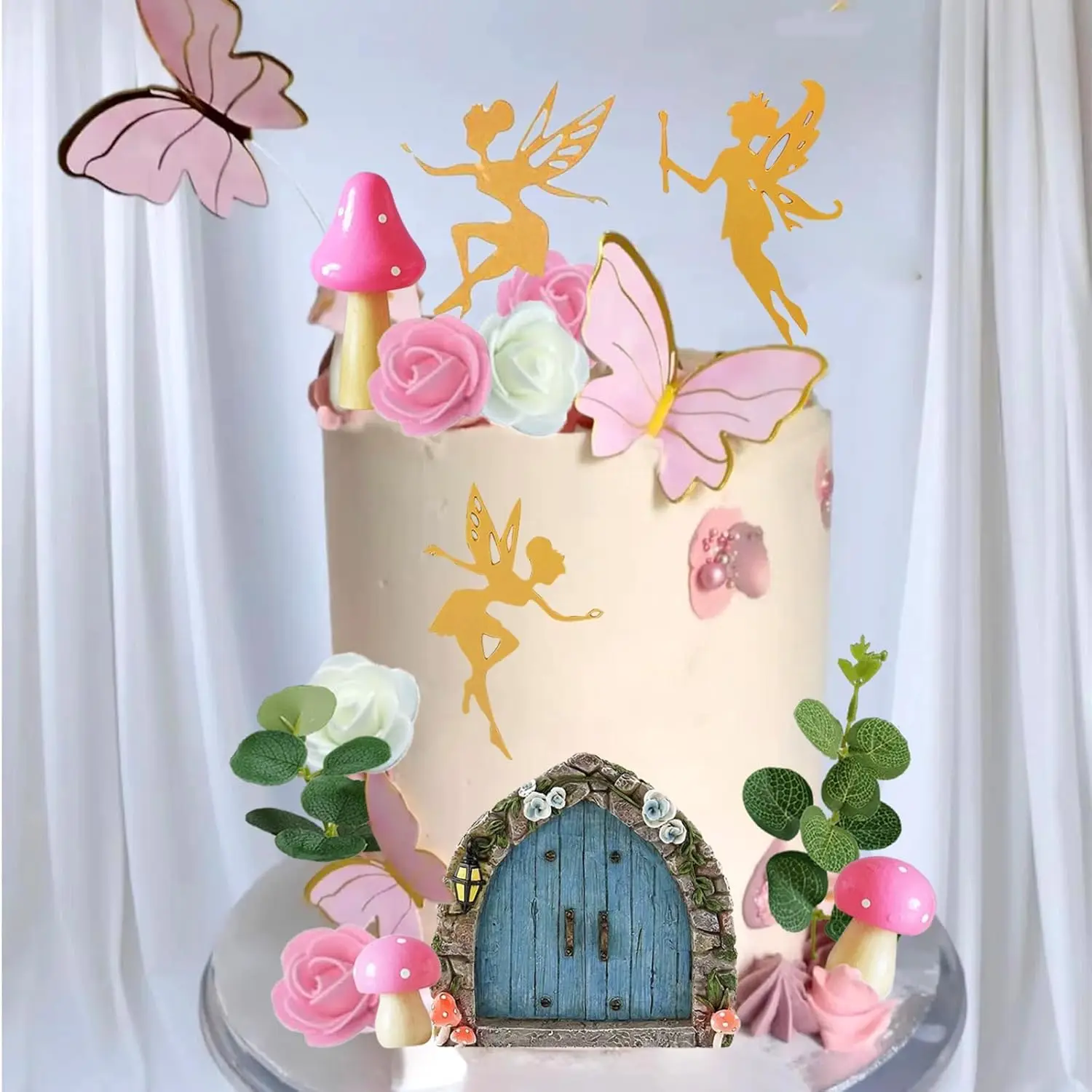 Fairy Cake Toppers Butterfly Cake Decorations Pink Mushroom Door Flowers Cake Decoration for Birthday Baby Shower Party Supplies