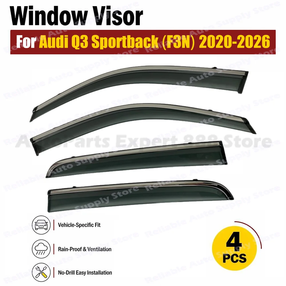 4PCS Window Visors with Trim For Audi Q3 Sportback (F3N) 2020-2026 Outside Mount 4pcs Tape on Car Window Rain Visor