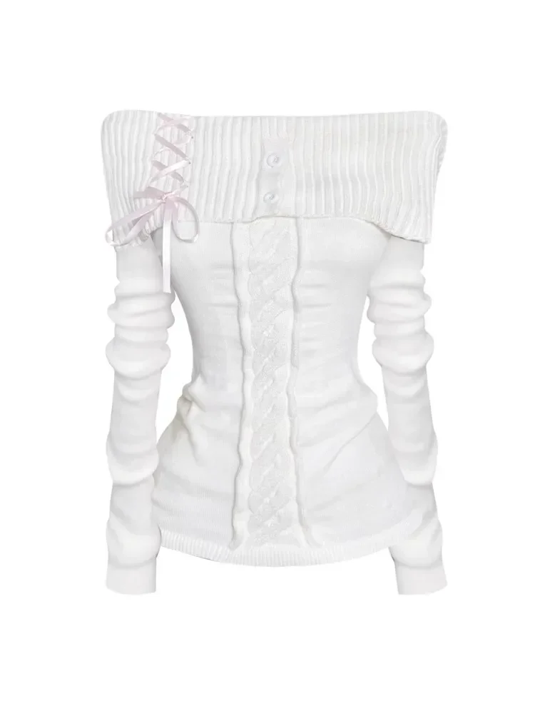 

Women White Vintage Pullover Knit Sweater Y2k 90s Aesthetic Harajuku Elegant Long Sleeves Sweaters Fashion 2000s Clothes Autumn