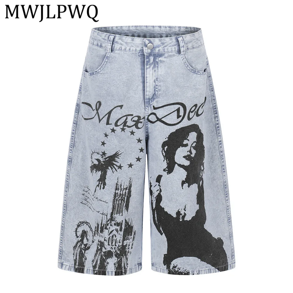 

MWJLPWQ Винтажные джинсовые шорты с принтом для мужчин, летние, в стиле панк, с эффектом потертости, свободные, широкие, прямые брюки, весна-лето 14634