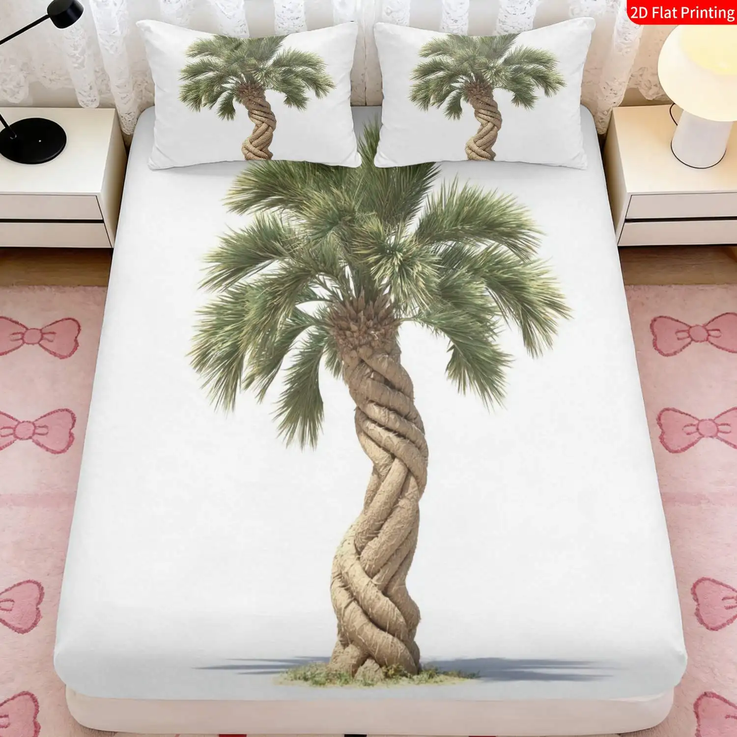 Tropical palm tree bedding for room theme decoration, machine washable, three-piece bedding set (includes 1 fitted sheet + 2 pillowcases), 3-piece set, large-capacity deep pocket 2D printed fitted sheet and 2 pillowcases, mattress protector, fitted elastic style, suitable for all seasons, machine washable design, holiday decoration, various sizes, breathable protector with pillowcase