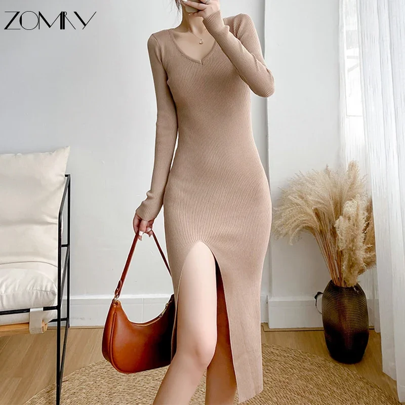 

ZOMRY Autumn 2023 Knitted Sexy Slit Slim Fit Sweater Midi Dress Women V-Neck Long Seleeve Fashion Casual Party Brand Clothing