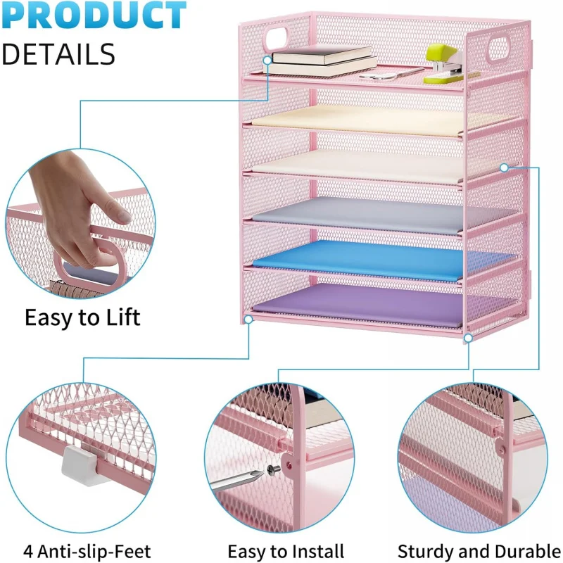 صينية رسائل تنظيم الورق مكونة من 6 طبقات - منظم ملفات مكتب شبكي مع مقبض، فارز / مكتب A4 قابل للطي