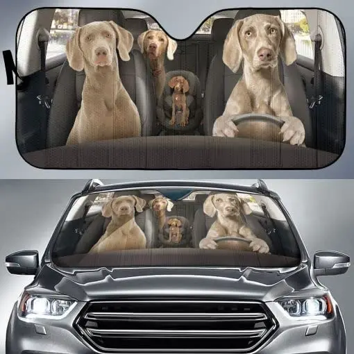 Funny Silver Weimaraner Family Driving Dad Mom and Child Car Sunshade, Gift for Weimaraner Dog Lovers, Car Windshield Durable Au