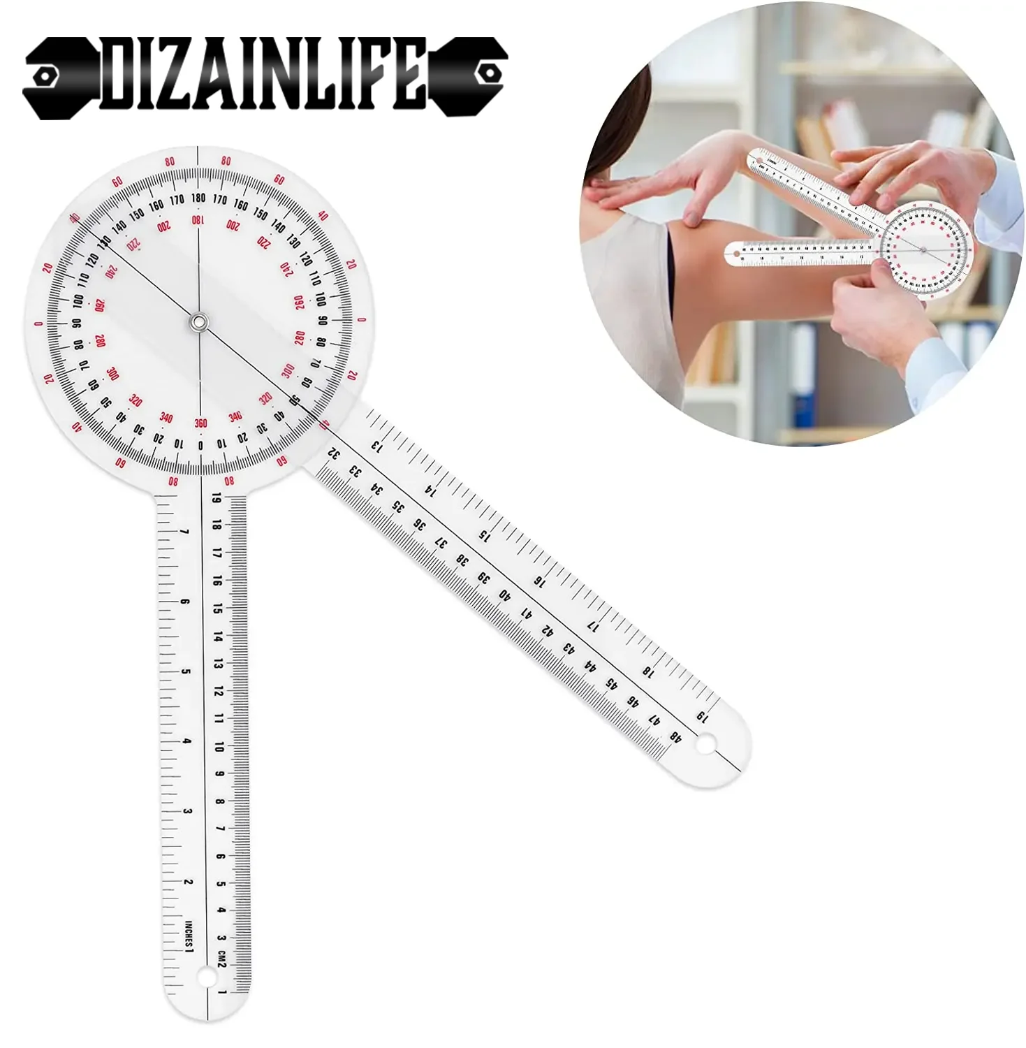 12 Inch Rangefinder Transparent Orthopedic Angle Ruler Plastic Rangefinder 360° for Body Measurement with Angle Measuring Ruler