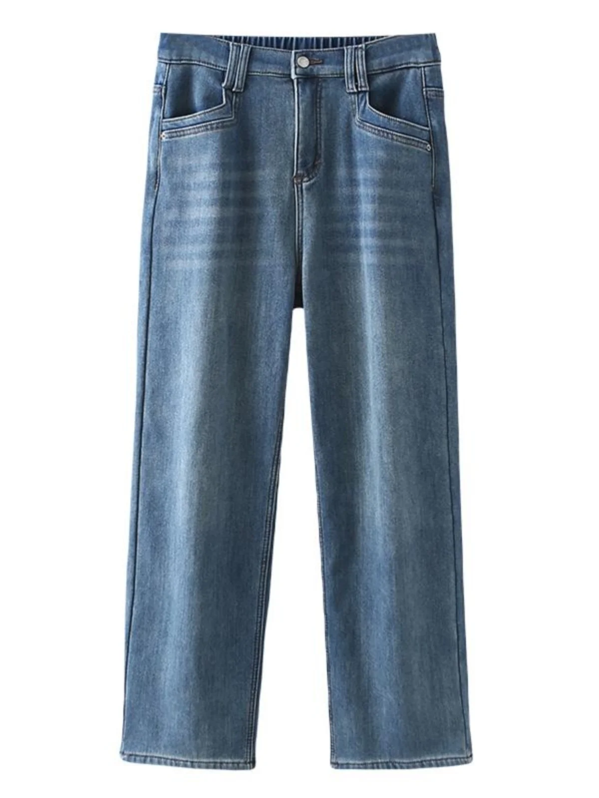 

Slimming High Waist Thickened Fleece Straight Leg Blue Jeans Women's Winter Fashion Casual High Waist Long Pants plus Size