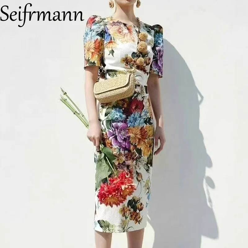 

Seifrmann Elegant Summer Casual Holiday Dress Women Slim-Fit Hip Wrap Short Sleeve Floral-Print Straight Cotton Dresses