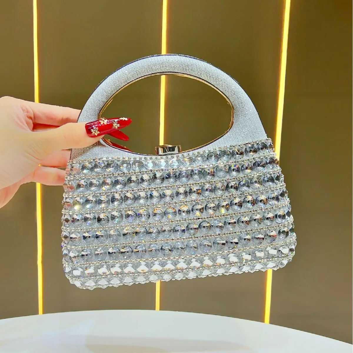 Silver Multi-Layer Horizontal Rhinestone Ring Handle Clutch Women Fashion Runway Cocktail Evening Bag Designer Luxury Bags Woman