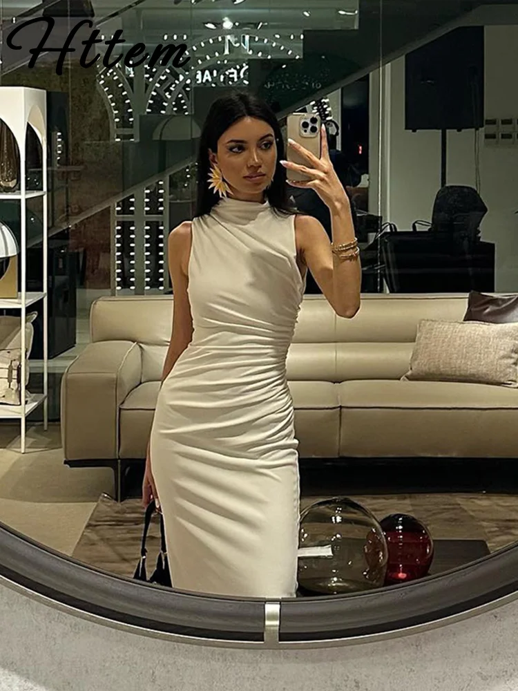 Vestido plisado con cuello Halter para mujer, traje elegante ajustado sin mangas, Cuello medio alto, color blanco, novedad de verano, 2024