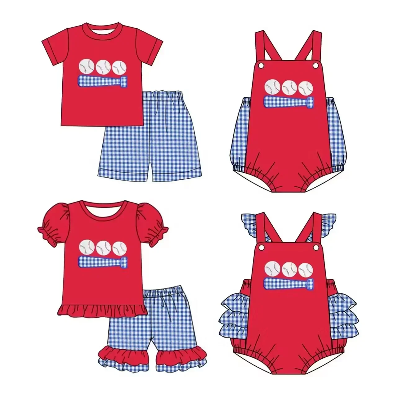 

baby girl clothes baby boy clothes ball print red top blue plaid shorts short sleeve two piece set baby romper wholesale