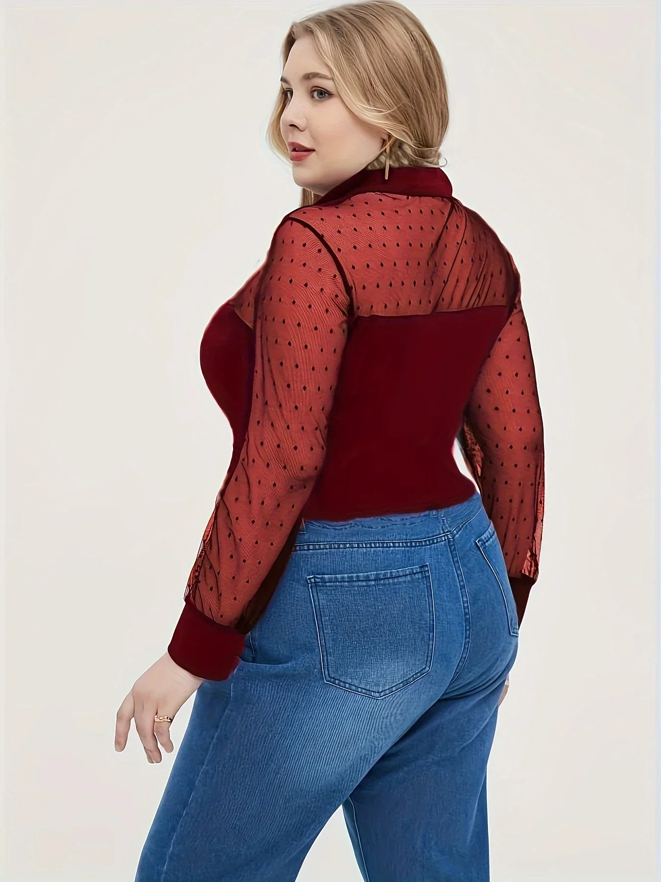 Seksowna bluzka Plus Size, damska bluzka Plus Colorblock w kropki z kontrastową siateczką z długim rękawem i kołnierzykiem z klapami