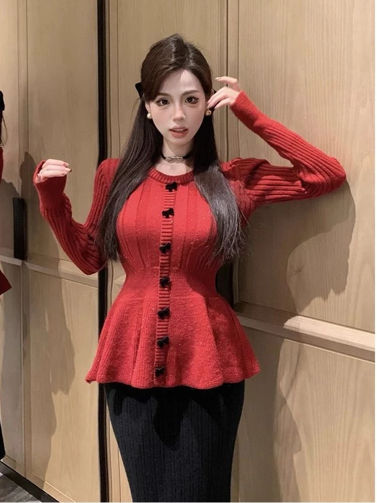 

Свитер с красным узлом, женский зимний модный вязаный топ, веселая китайская новогодняя одежда знаменитостей, Sle