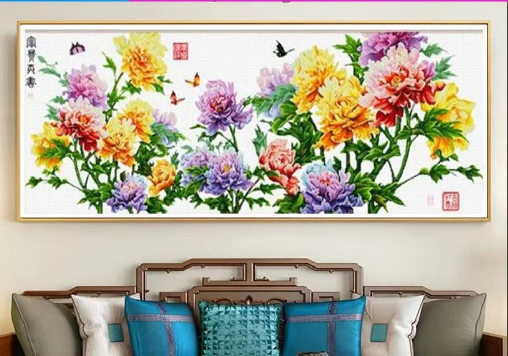 

Pure handmade cross stitch finished product, Tianxiang Nafu national color peony, new flower blooming, wealthy and noble living
