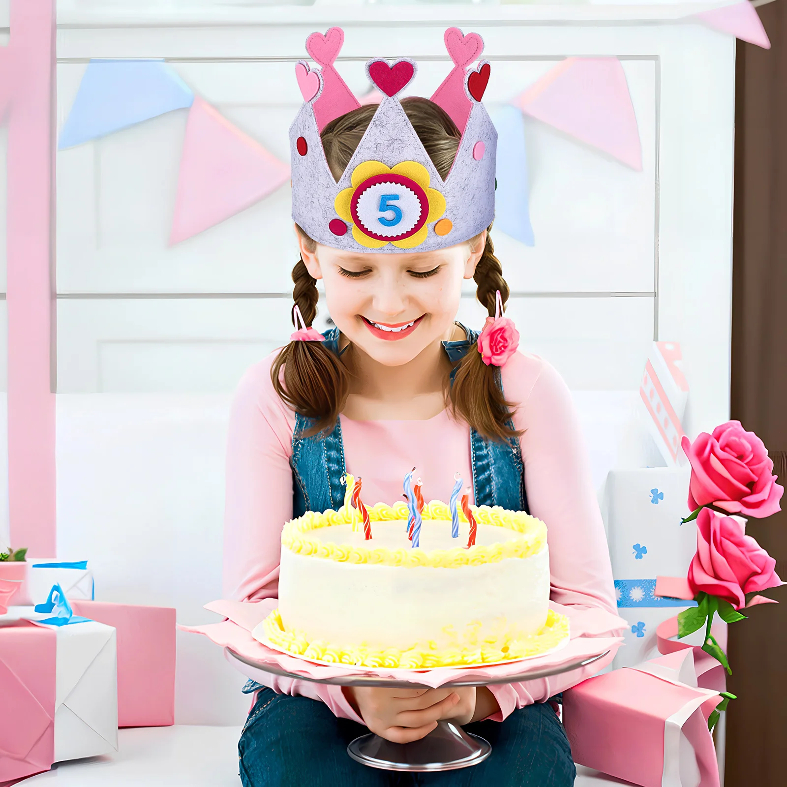 

2Sets Birthday Crown Hats for Kids Soft Felt Material Reusable Birthday Party Hats Toddler Baby 0-9 Numbers Unique Design