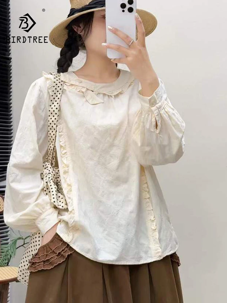 

Новая зимняя хлопковая рубашка с длинными рукавами 2025, женская лоскутная блузка с круглым вырезом и оборками, свободная блузка в французском консервативном стиле Mori Girl T5N982CC