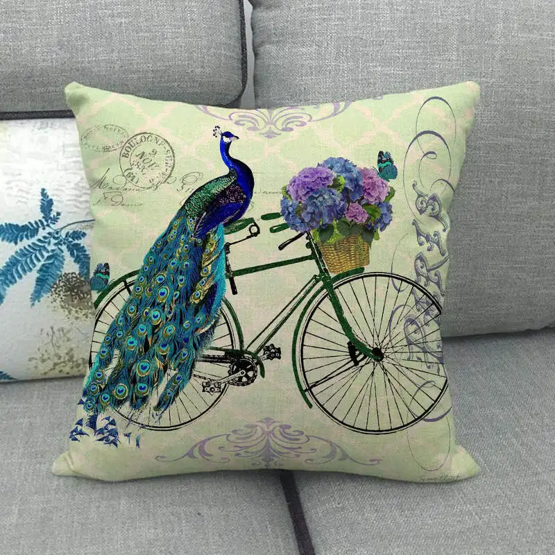 Elegant Peacock Pillowcase Peacock Flower Linen Pillows Case for Girls Room Sofa Bed Garden Chair Pillow Cover Home Decor 45x45