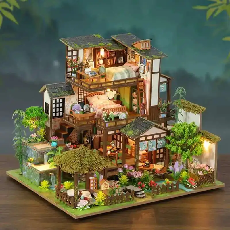 

DIY Wooden Bamboo Spring Courtyard Casa Miniature Building Kits Bookend Assembled Dollhouses Bookshelf Home Decor Friends Gifts