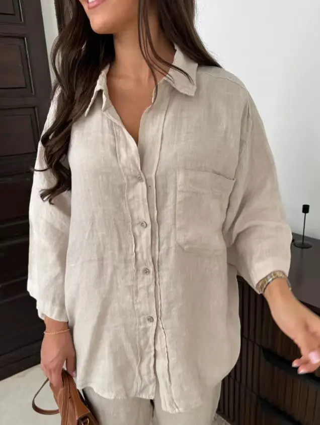 Summer Casual Cotton Linen Shirt Two Piece Set Women Fashion Solid Loose Button Pocket Shirt Wide Leg Pants Two Piece Set Women