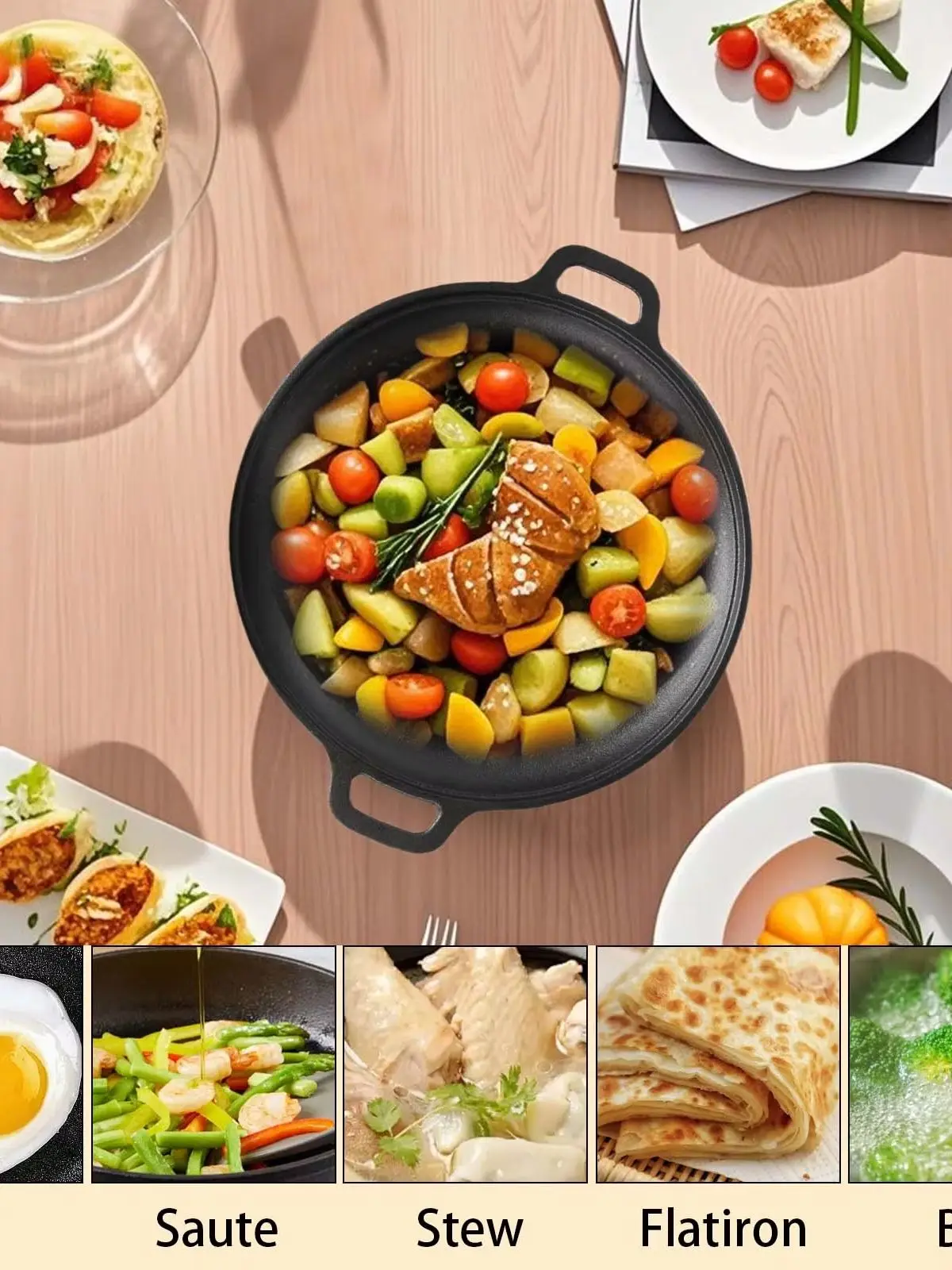 28cm Unbeschichtete Gusseisen-Kochpfanne Vielseitiges Küchenwerkzeug zum Braten und Rösten Wärmebeständige Eingebrannte Gusseisenpfanne
