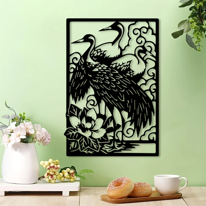 CIFBUY Metal Wall Art,2D Flat Laser Cut Elegant Japanese Crane Iron Hanging Sculpture,Rustproof Powder‑Coated Wall Decor
