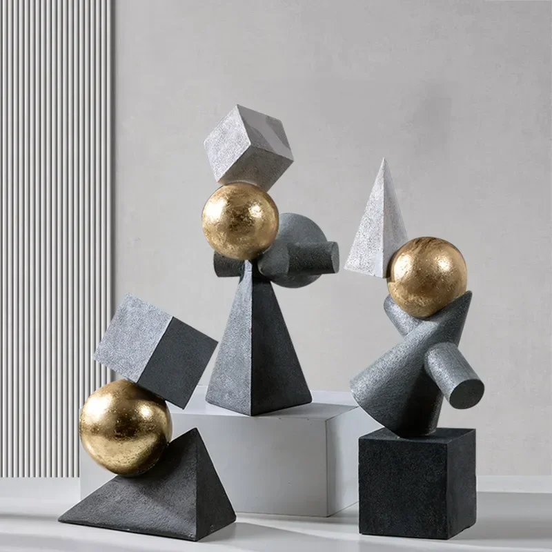 

Resin Crafts Geometric Abstract Sculpture Faceted Statues Triangular Gold Balls Decorative Figurines Home Decoration Accessories